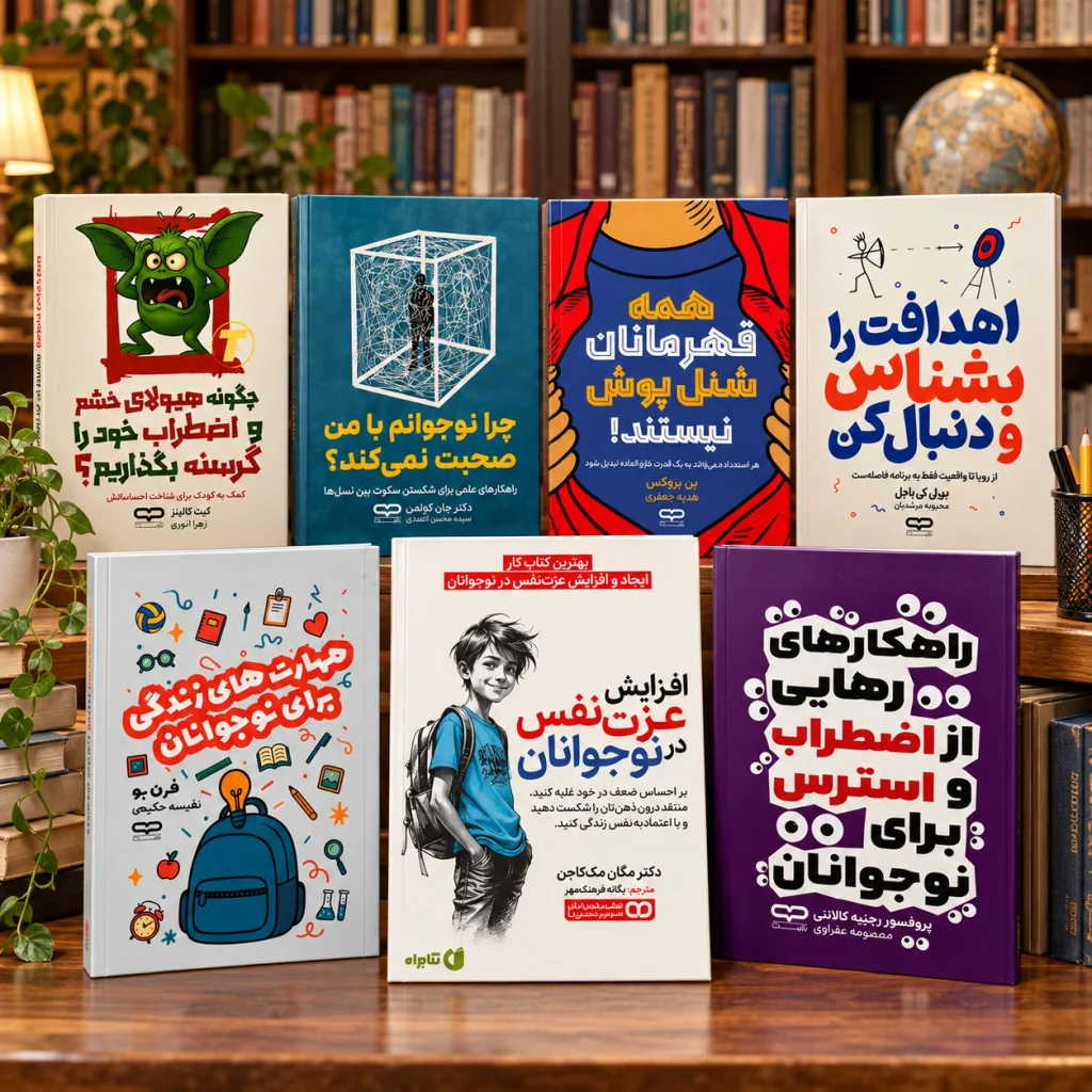 بهترین کتاب ها برای نوجوانان : مهارت های زندگی برای نوجوانان اهدافت را بشناس و دنبال کن چرا نوجوانم با من صحبت نمی کند همه قهرمانان شنل پوش نیستند افزایش عزت نفس در نوجوانان راهکار های رهایی از اضطراب و استرس برای نوجوانان منتشر شده از نشر یارنیک
